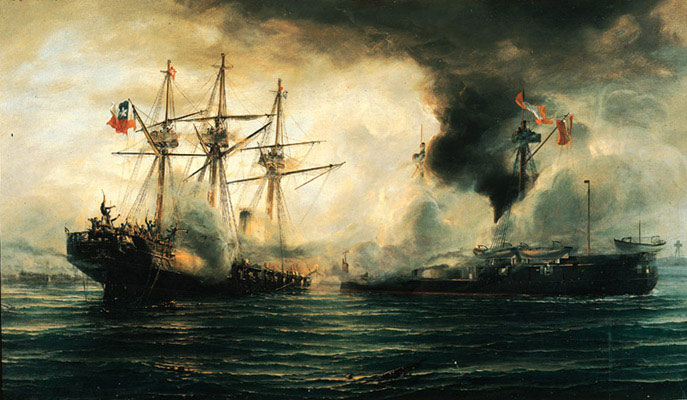 La Esmeralda y El Huáscar - Oleo «Combate Naval de Iquique» por Thomas Sommerscales- Museo de Bellas Artes - Chile.